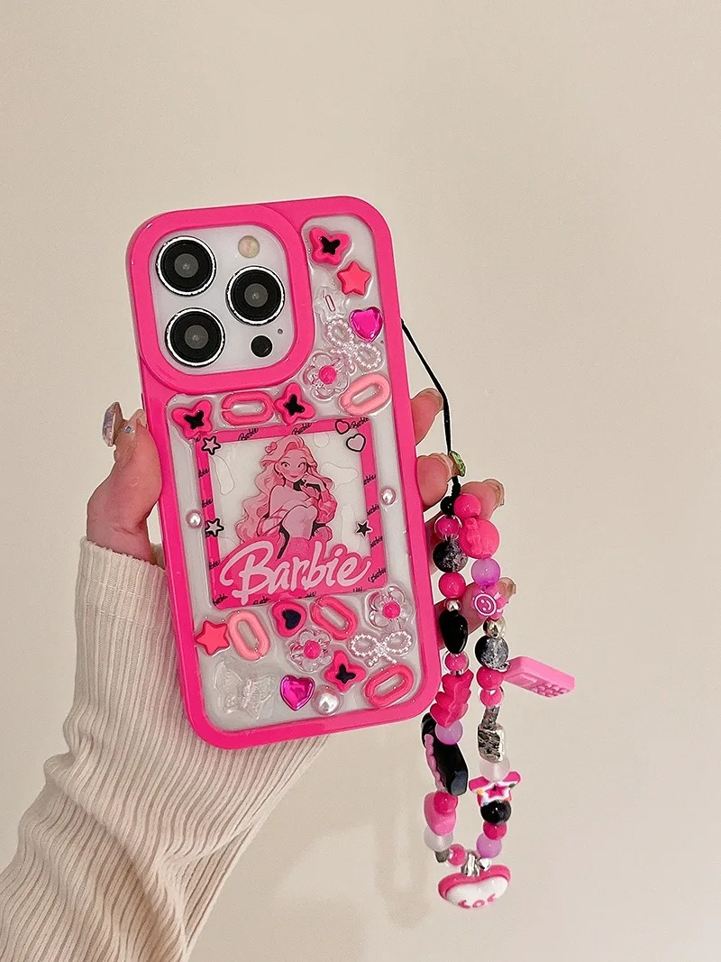 Cute Cartoon Pink Barbie Retro Big Brother Pendant Bracelet Phone Case For iPhone 12 13 14 15 Pro Max Clear Cover Girl Gift