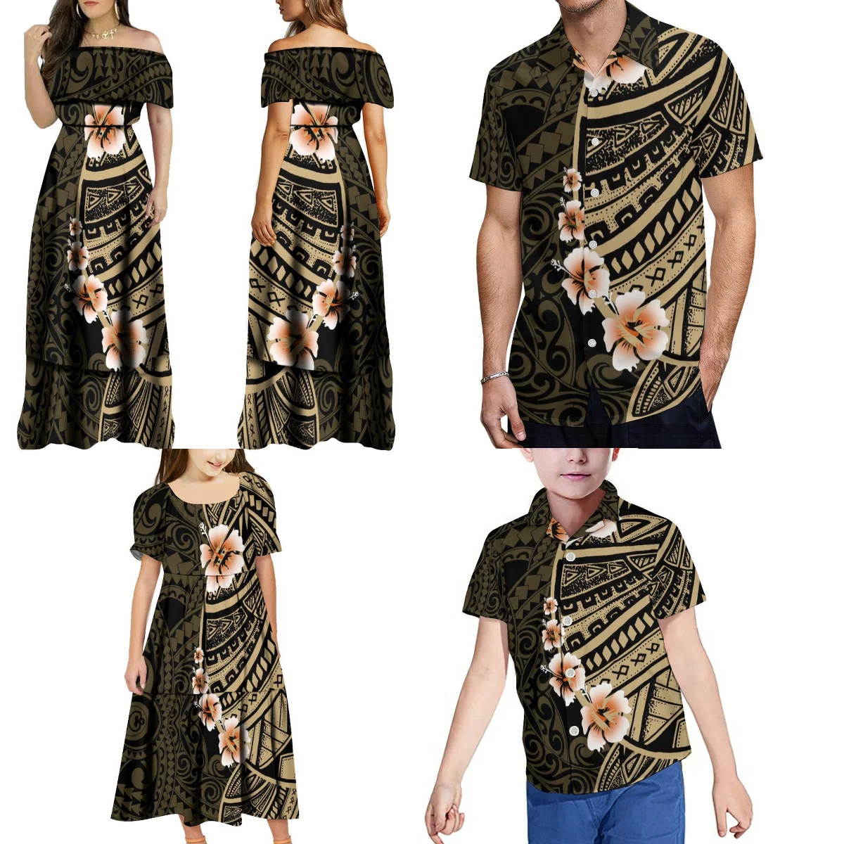 

Samoa Island Style Dress Summer One-Shoulder Large Skirt Women'S Long Skirt Men'S Shirt With The Same Design Children'S Family