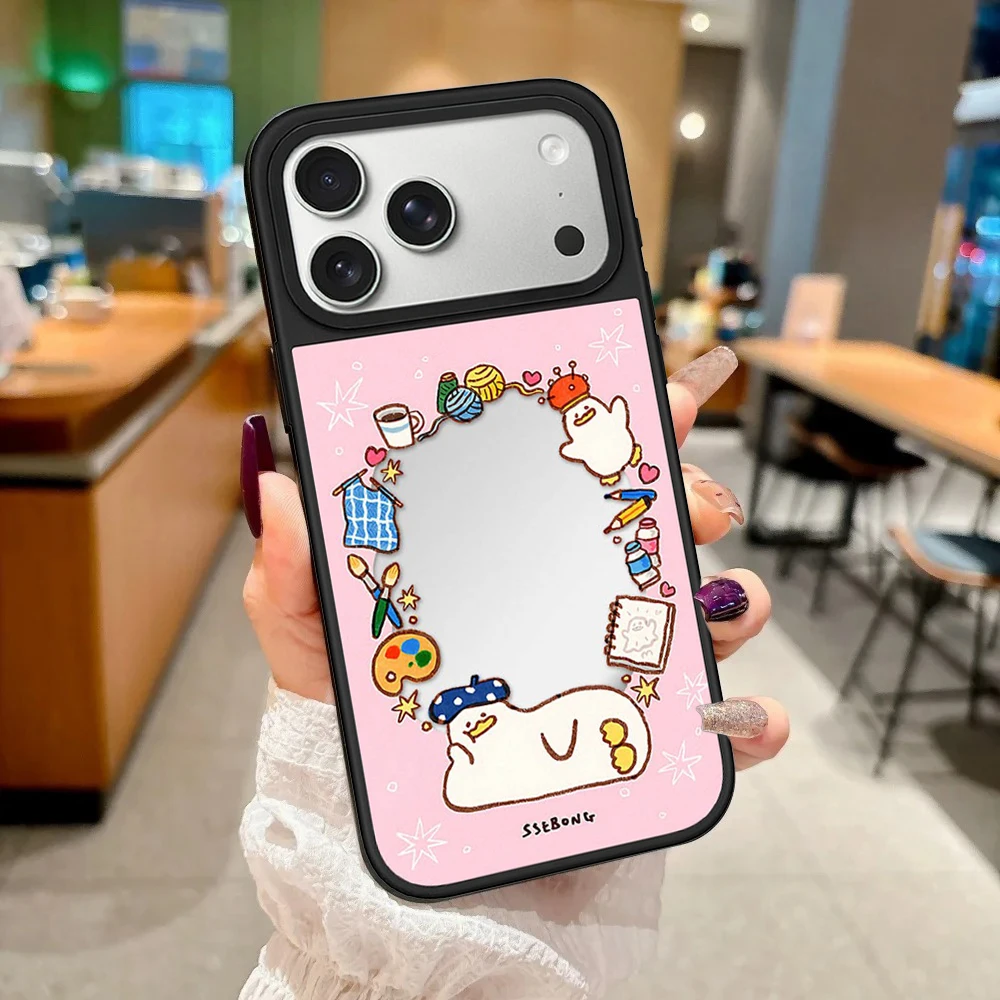 Cartoon Border Lazy Duck Mirror Surface Magnetic Phone Case Cover for IPhone 14 15 16 17 18 Pro Max Case