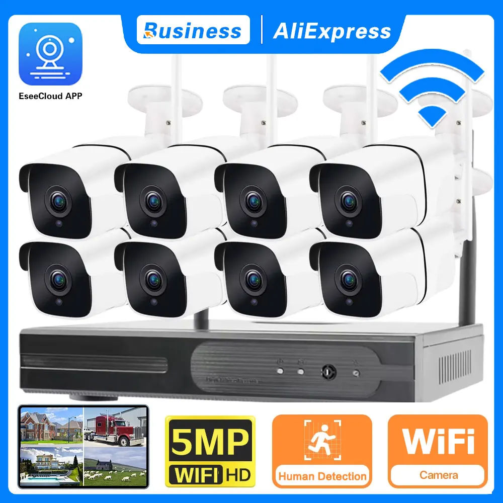 5MP HD Video WIFI Surveillance Cameras System With Wireless Wifi 16CH NVR Kit H.265+ P2P Smart Home Outdoor Security Camera Set