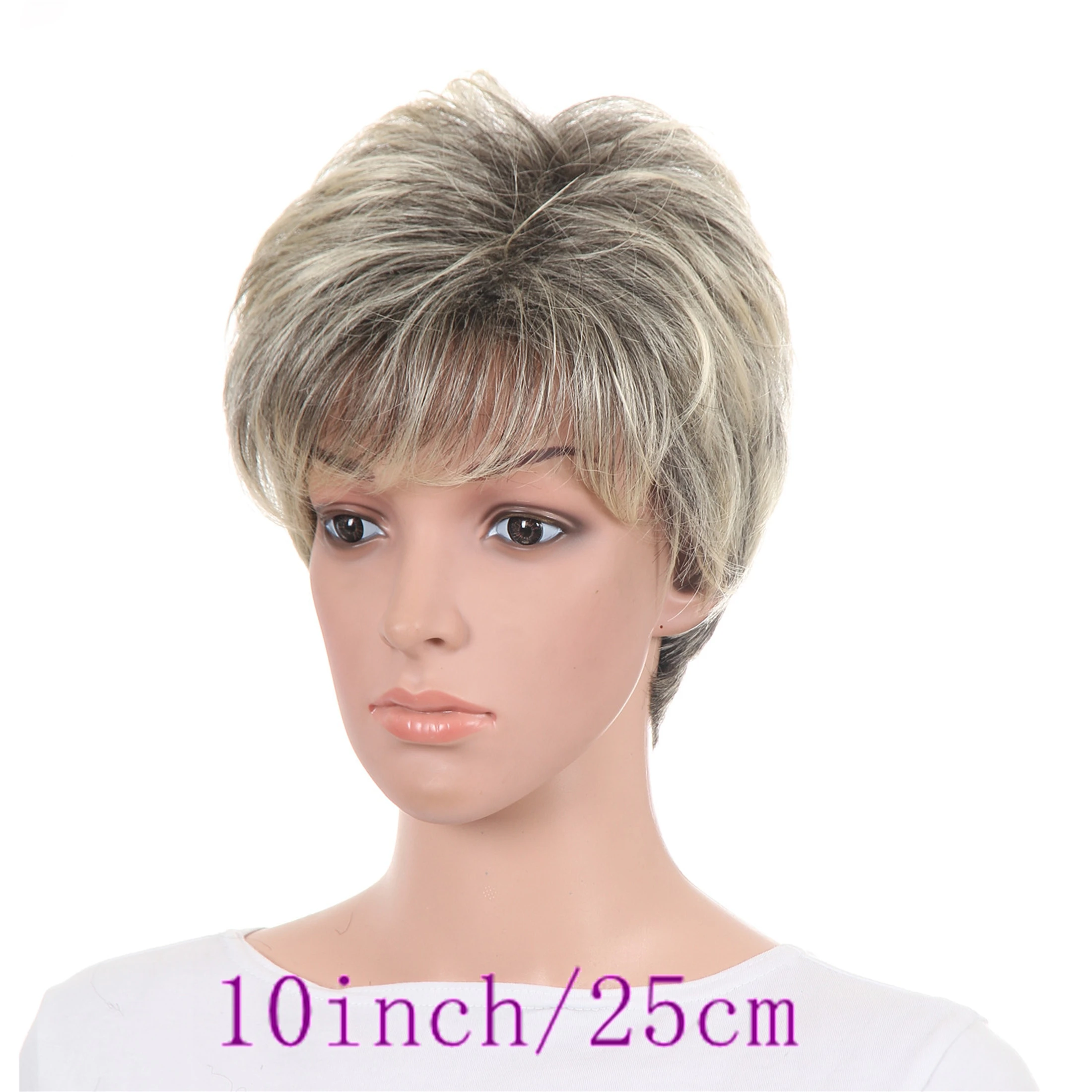 10 Inch Short Layered Pixie Cut Synthetic Wig for Women, Grey Blonde Ombre Wig with Bangs, Heat Resistant Fiber Daily Party Wig