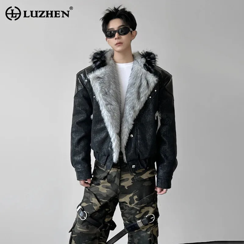 LUZHEN Winter New Stylish Textured Leather Hooded Jacket 2026 Men's Fashion High Quality Faux Fur Liner Street Parka Coat JY9125