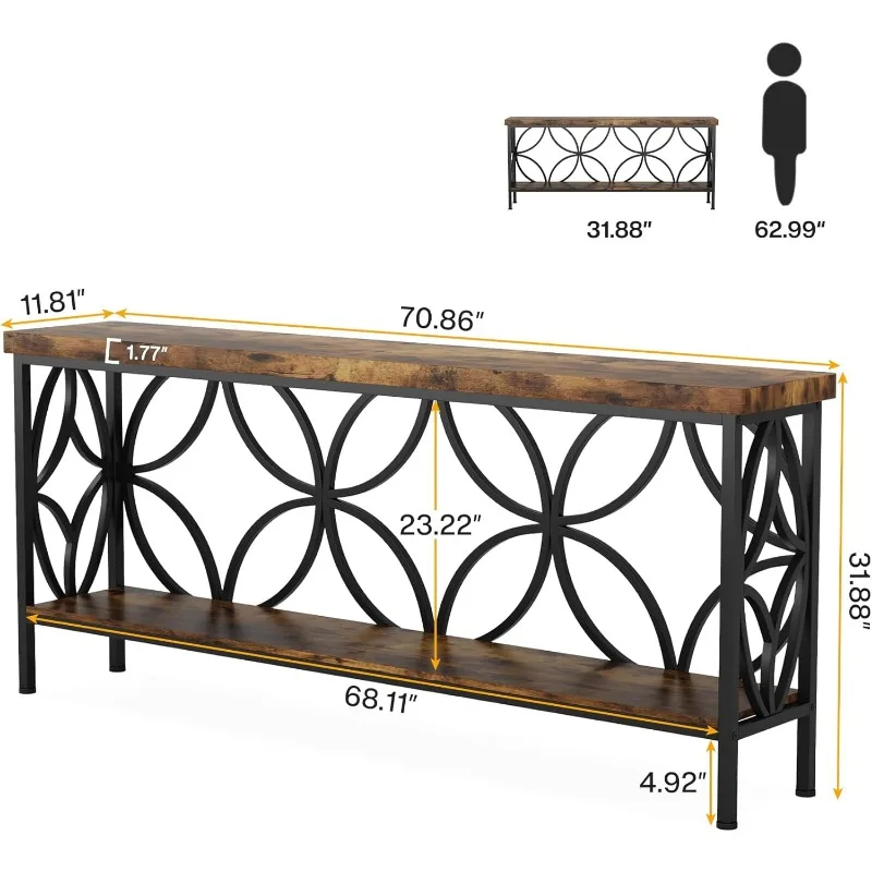 70.9-Inch Narrow Sofa Table, Industrial Long Sofa Table Behind Couch, Entry Console Table with Storage for Entryway, Living Room