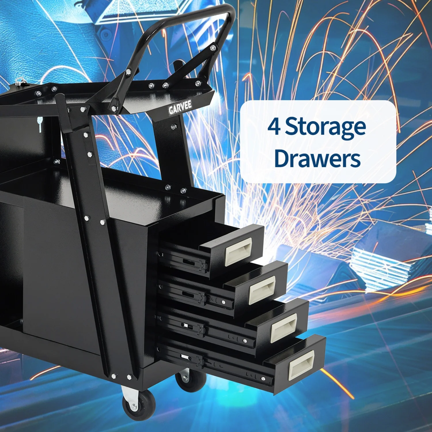 4-Drawer Welding Cart, Heavy Duty Rolling Welder Cart with Gas Tank Storage & Safety Chains, 360° Swivel Wheels Welding Trolley for MIG TIG ARC Welder and Plasma Cutter