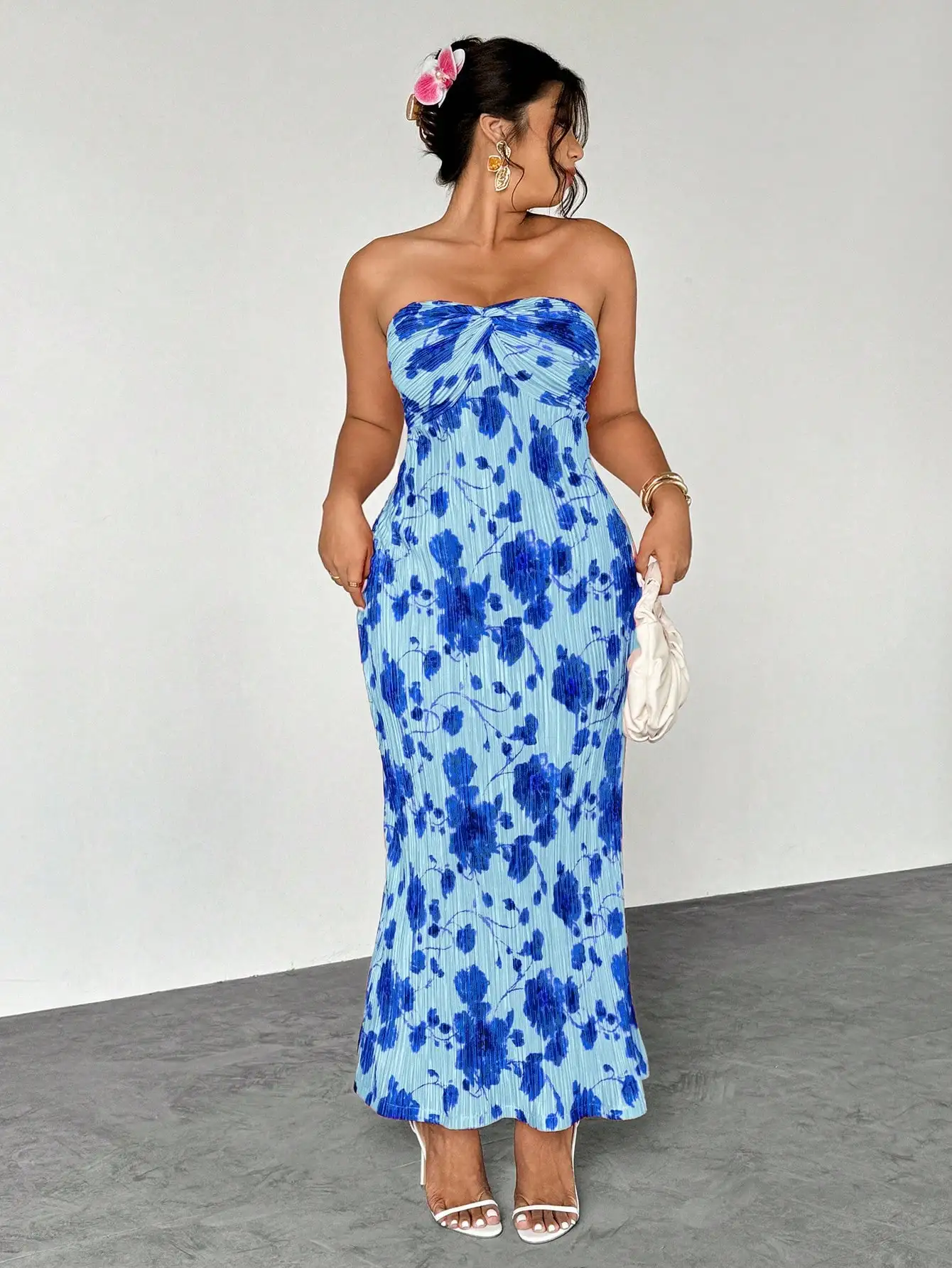 

Blue Floral Pleated Strapless Maxi Dress for Women, Elegant Summer Party Dress