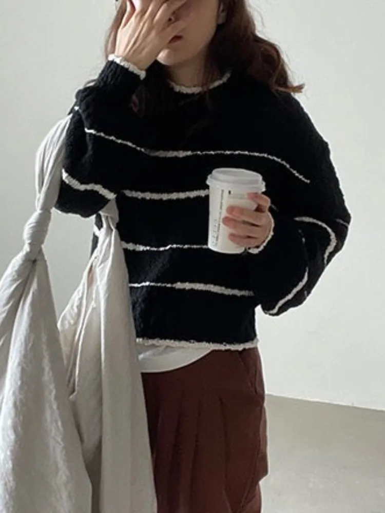 Chic automne hiver paresseux Sle rond Ne couleur Blo rayé Design ample décontracté Long Sve sur la tête pull pour les femmes