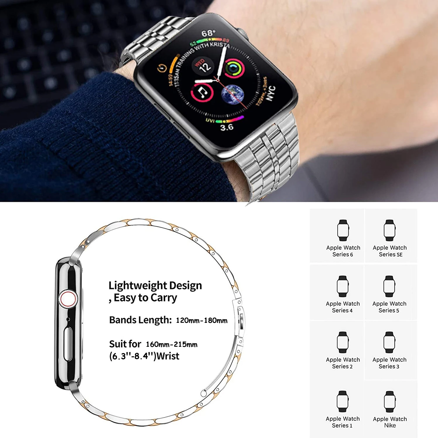 Apple Watch用ステンレススチールストラップ,iwatchシリーズ用スポーツブレスレット6/se/5/4/3/2/1,40mm,44mm,42mm,38mm