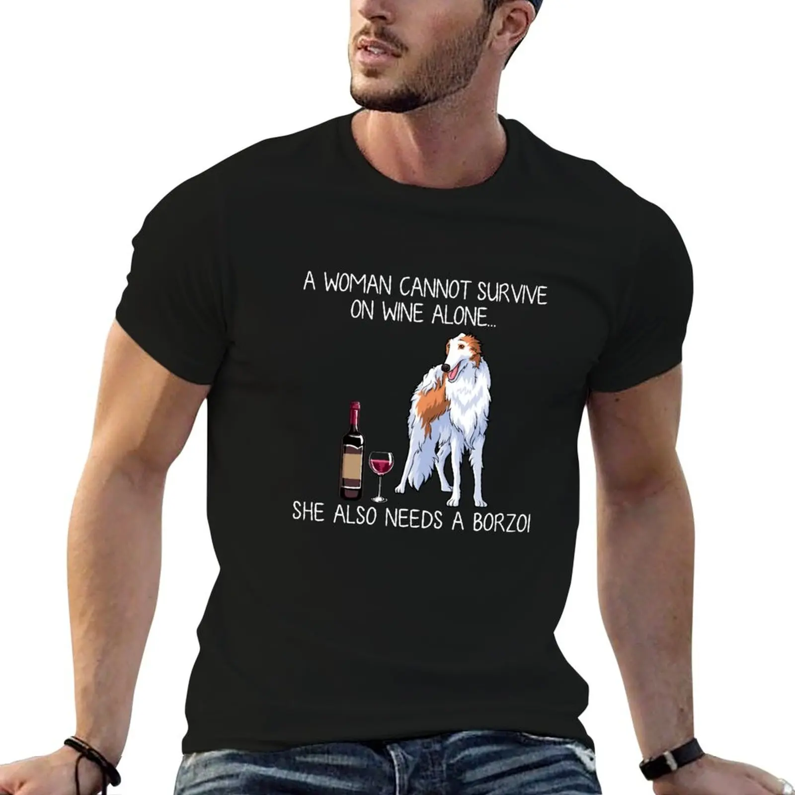 

Borzoi and wine Funny dog T-Shirt man t shirt cotton high quality t shirt man cotton T-Shirt