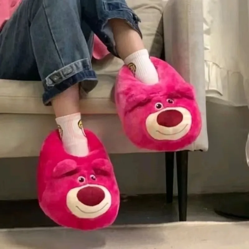 ديزني الشتاء لطيف الكرتون الفراولة الدب الكبار أفخم النعال القطنية الدافئة داخلي أحذية المنزل هدية للفتيات