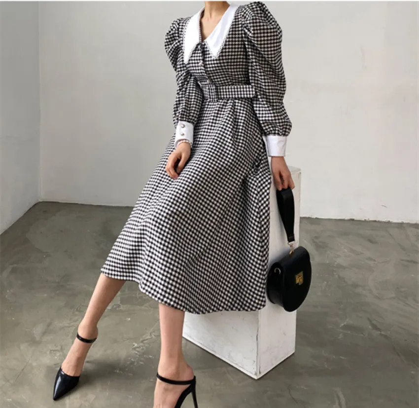 Elegant Korean Autumn Plaid Lapel Neck A Line Dress Chic Women Peter Pan Collar Puff Sleeve Pearls Button Belt Long Vestidos