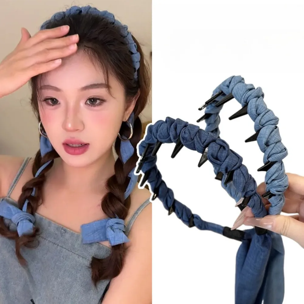 

Blue Denim Scarf Headband French Sweet Streamer Non-slip Ponytail Decoration Hairband Accessories