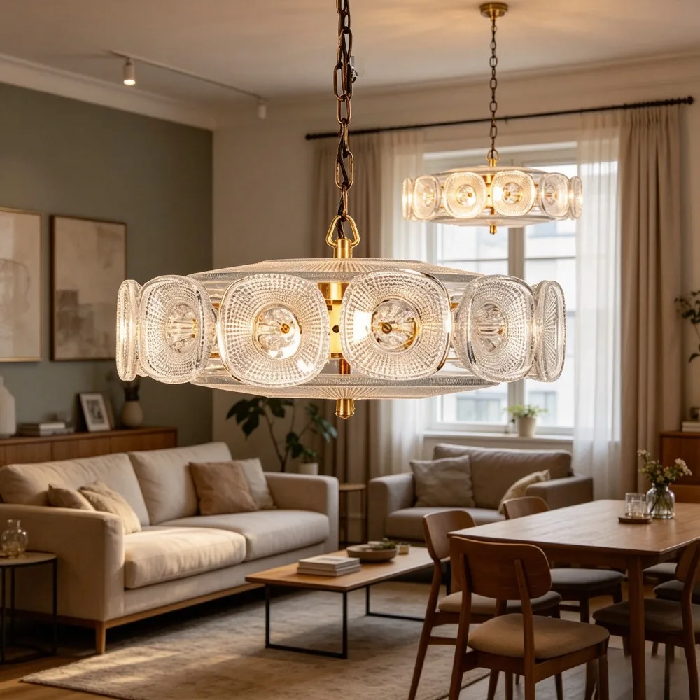 Vintage Glass Petal Chandelier for Living Room Dining Room French Green Cear Glass Hanging Pendant Chandelier Lights Bedroom