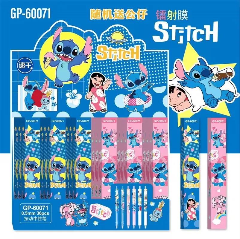 Disney 12/36pcs Lilo And Stitch 0.5mm Black Press Pen Gel Pen Cartoon Metal Pen Clip Press Signature Pen Student Stationery Gift