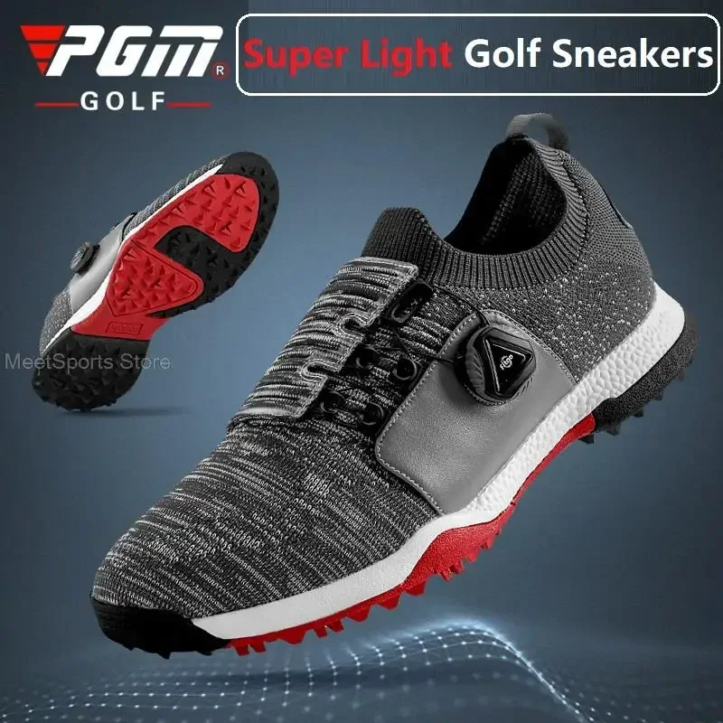 Pgm Golf Shoes Men Weaving Knit Ultra-Light Sneakers Male Sport Training Non-Slip Spikes Shoes Man Knob Buckle Golf Shoes Size