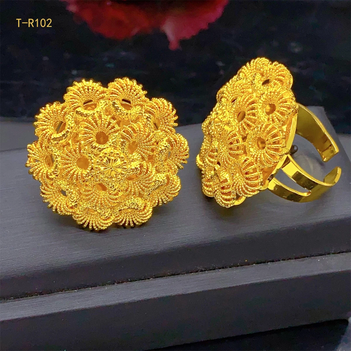 XuHuang African Copper Flower Design Big Rings Wedding Jewelry For Women Party 24K Gold Plated Jewellery Adjustable Dubai Rings