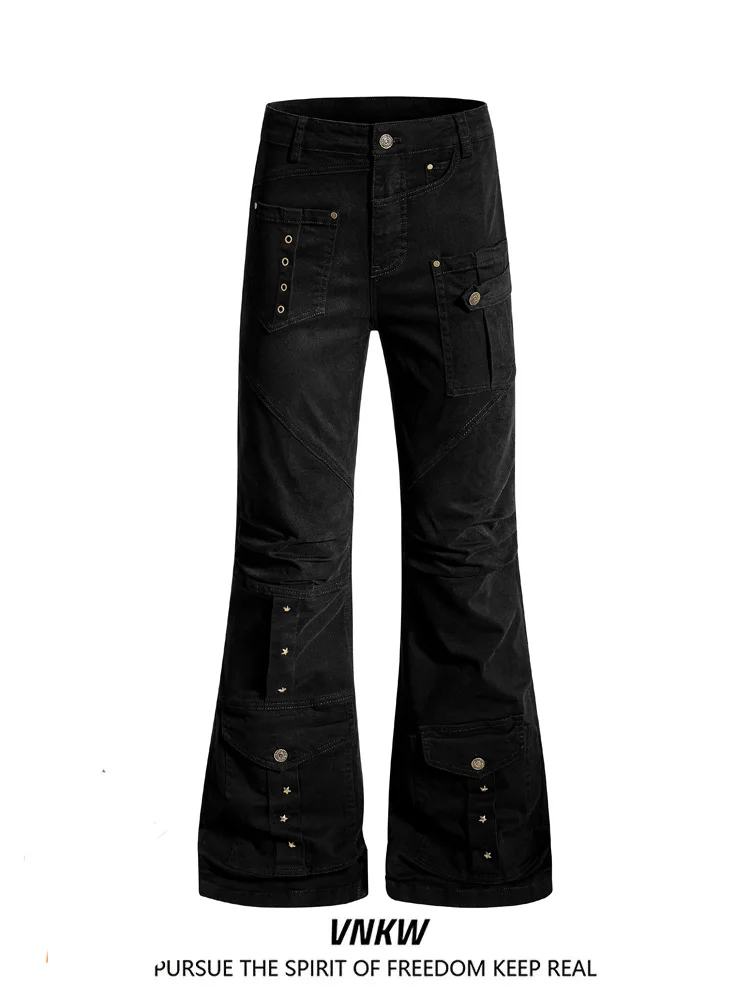 

American High Street Vibe Wide Leg Workwear Pants Men's Punk Heavy Du Rivet Splicing Multiple kets Slim Straight Long Tr...