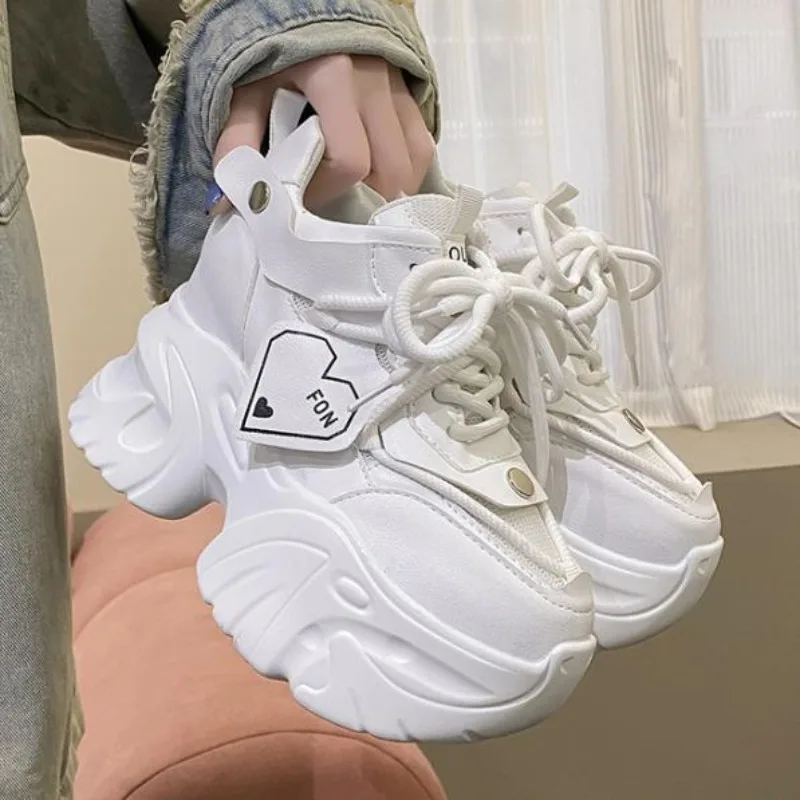 Baskets à Talons Épais de 9.5cm pour Femme, Chaussures Confortables et Décontractées, en Cuir, pour Printemps et Automne