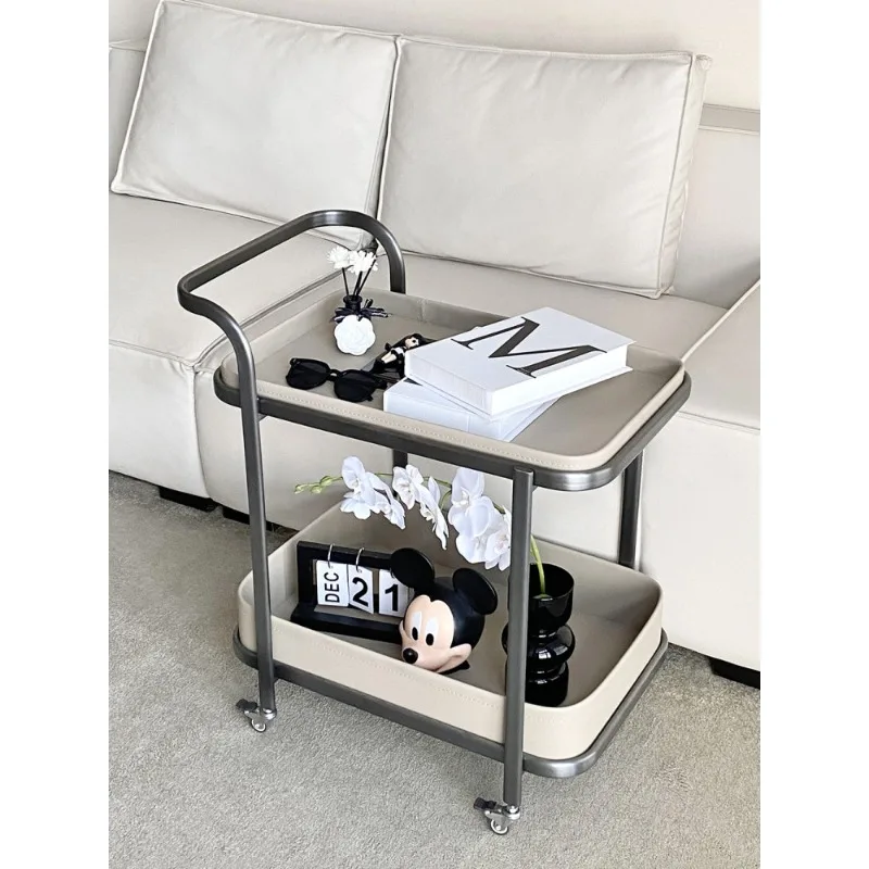 

Italian light luxury removable saddle leather edge sofa corner with wheels living room coffee table household stainless steel tr
