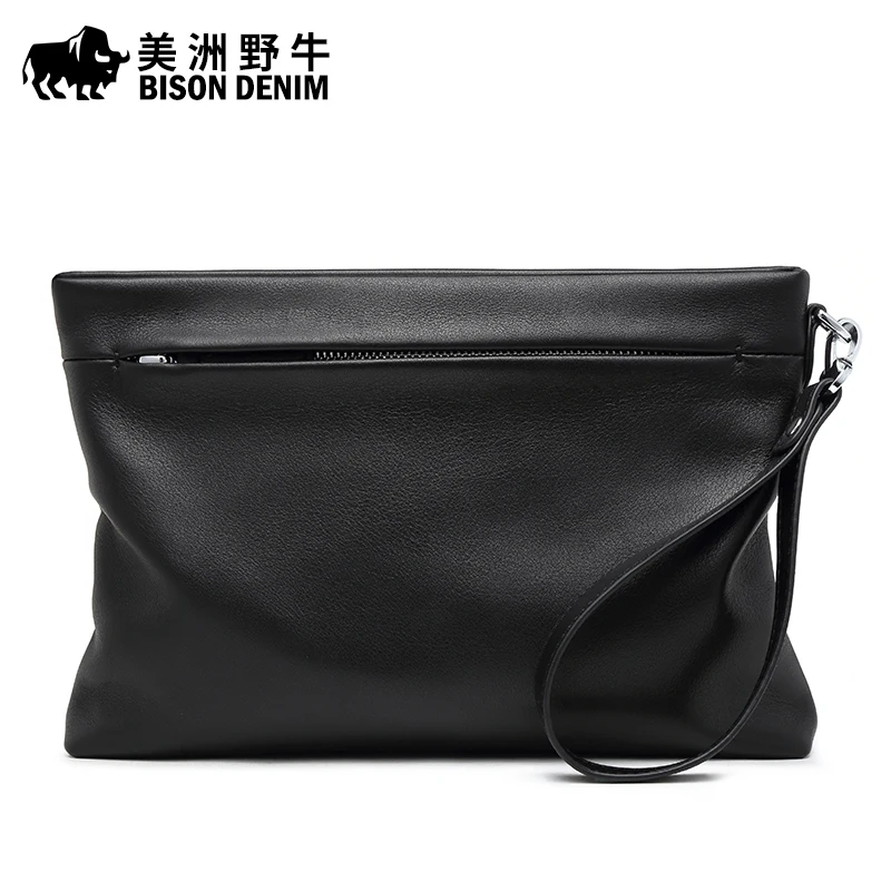 BISONDENIM Genuine Leather Men Clutch Bag Large Capacity Men Handbag For Phone Luxury Brand Pouch Men\'s Soft Wallet Man Bag