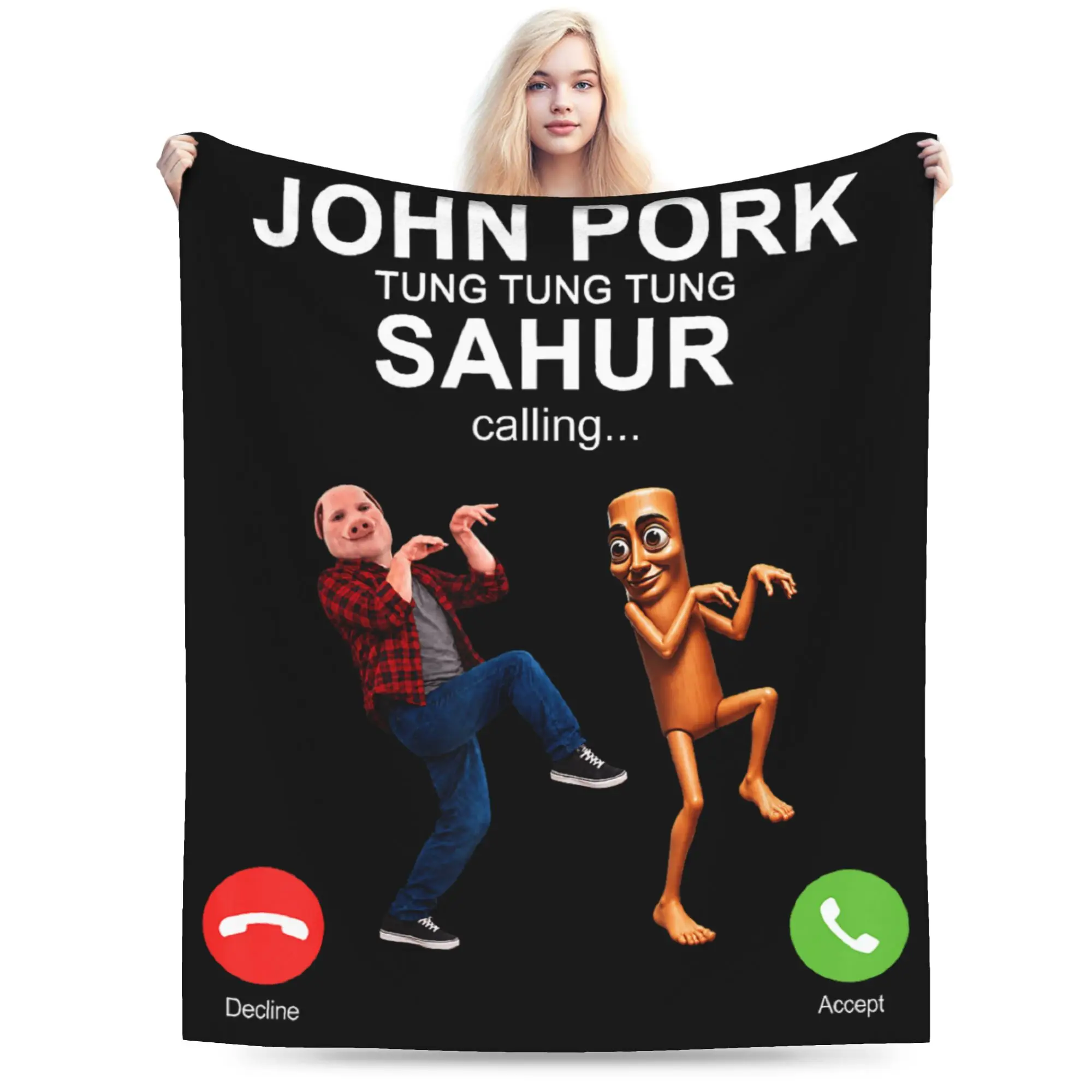 John Pork and Tung Tung Tung Sahur is Calling Brianrot Warm Blanket For Sofa Home Novelty Throw Blanket Winter Flannel Bedspread