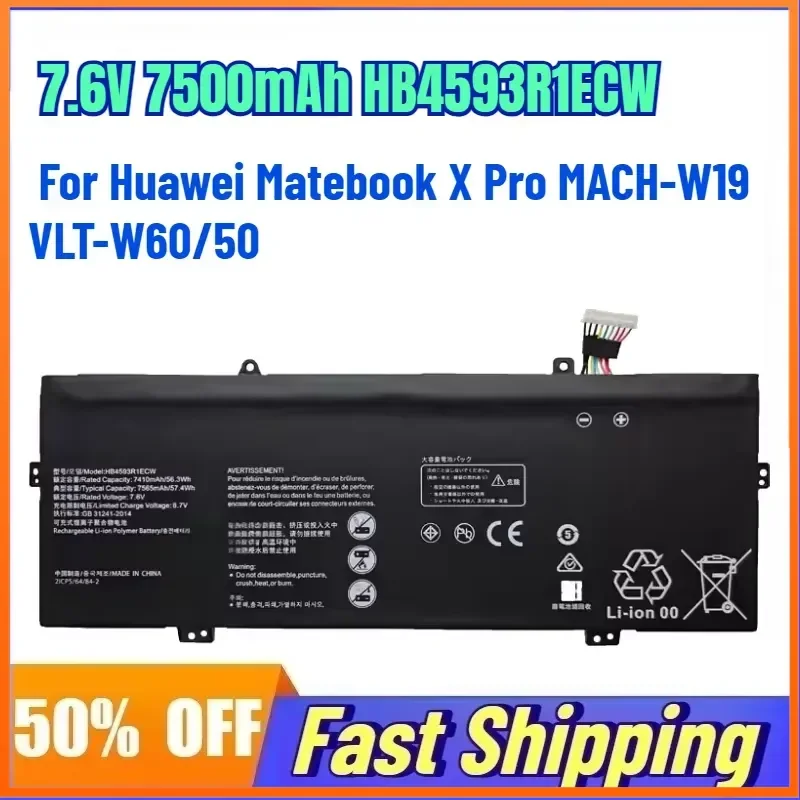 

7.6V 7500mAh HB4593R1ECW Laptop Battery for Huawei Matebook X Pro MACH-W19 VLT-W60/50 Replace Rechargeable Battery