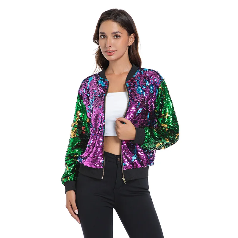 

Womens Sequin Jacket Bomber Glitter Coat 80s Slitter Outfit Shiny Disco Y2K 90s Streetwear for Concert Party