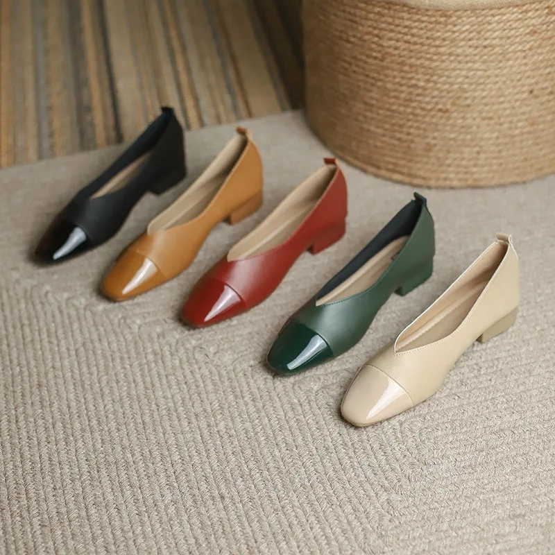 

Women's Color Block Square Toe Pumps Low Block Heel Slip-On Microfiber Leather Casual Grandma Shoes for Daily & Office Wear