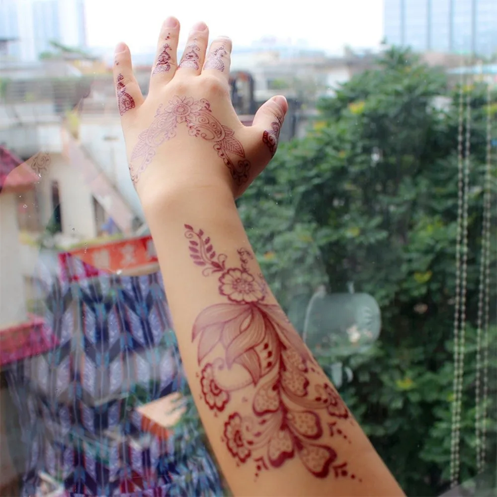 Red Mehndi Stickers Henna Tattoo Stickers Lace Fake Tattoo Legs Arm Temporary Tattoo Waterproof Wedding Tool Body Art Sticker