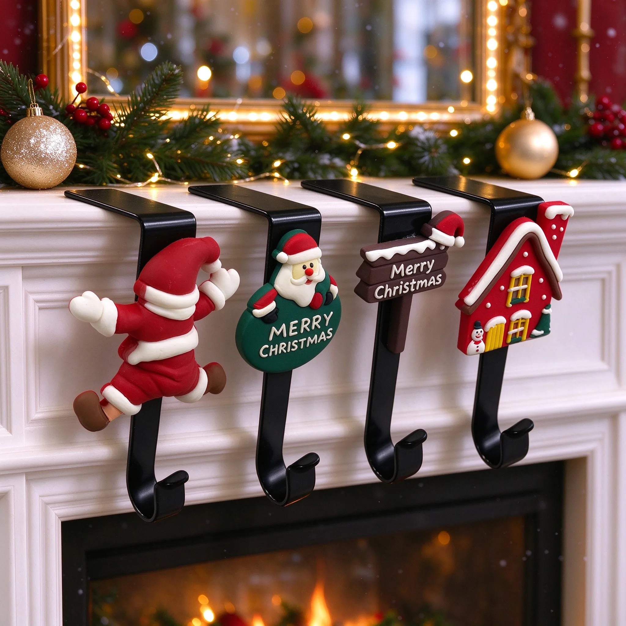 Christmas Fireplace Stocking Holder Hooks Xmas Stocking Holder L Hook Iron Santa House Silicone Pad Christmas Decoration