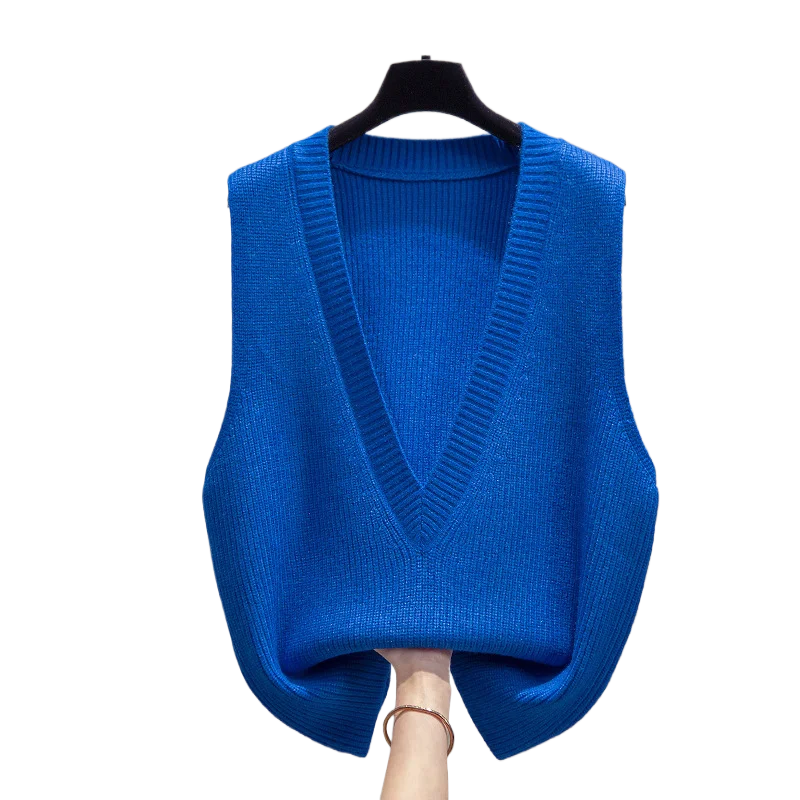 Popular Solid Color V-neck Knitted Sweater Women Vest Spring Autumn Loose Lazy Style Sleeveless Tank Top Clothing Accessories