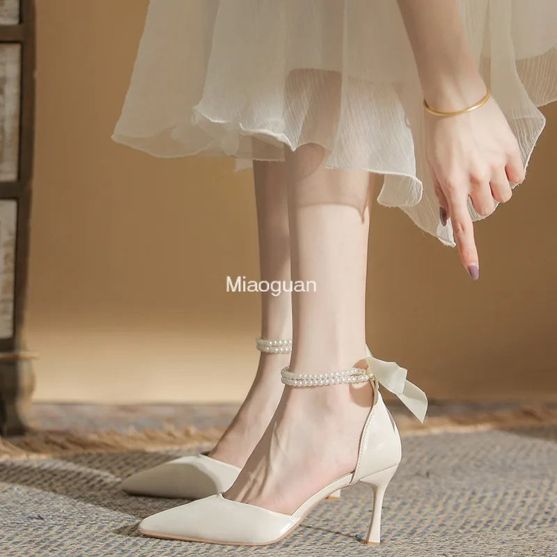 Silk Ankle Pearl White Pumps Design 8cm High Heels Women Pumps Stiletto Sexy Bow Strap Dress Wedding Bride Shoes Plus Size 2024