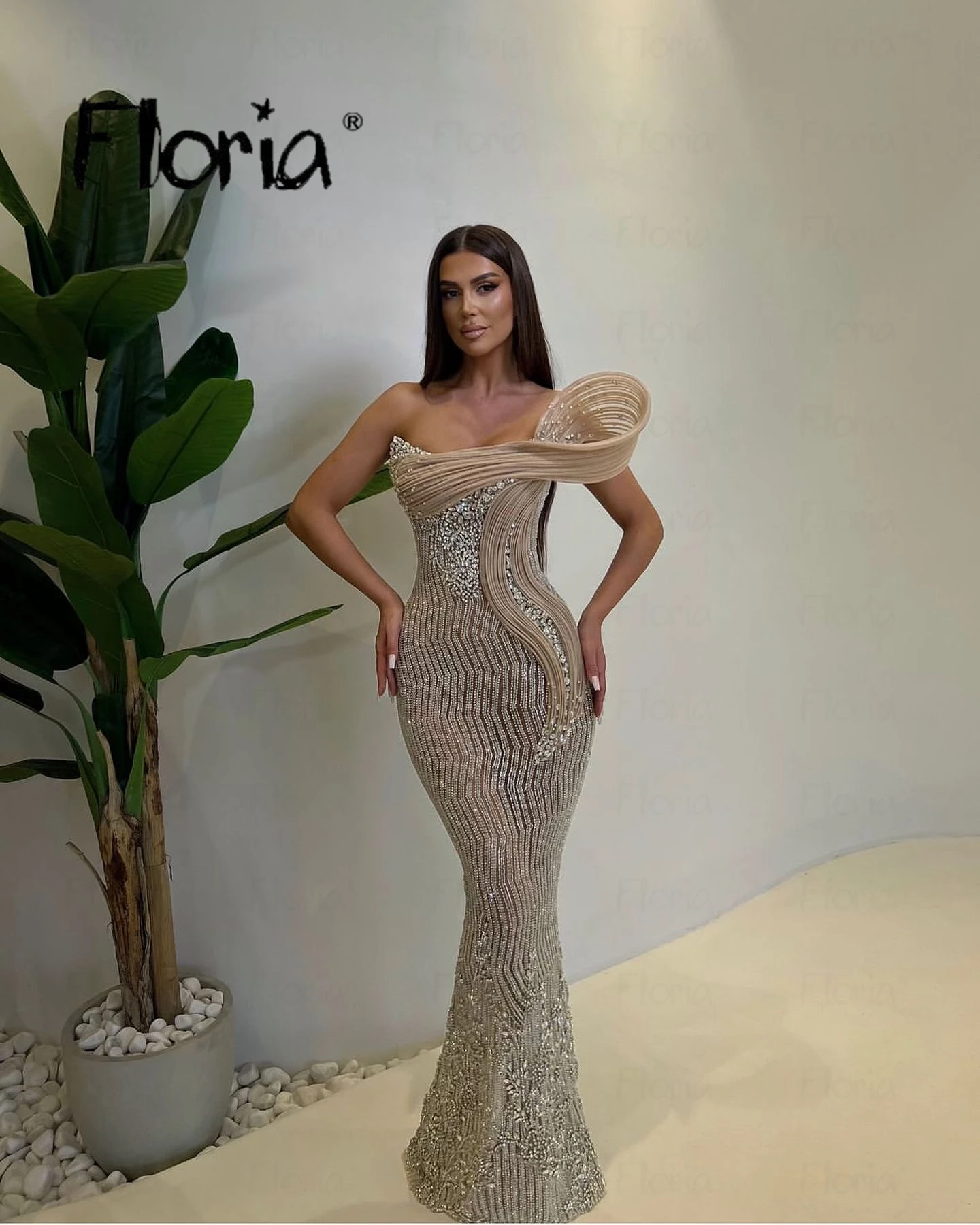 Luxury Beading Champagne Evening Dress Women Guest Wedding Dresses New Mermaid Ismarlama Fırsat Elbiseler Dinner Party Dresses