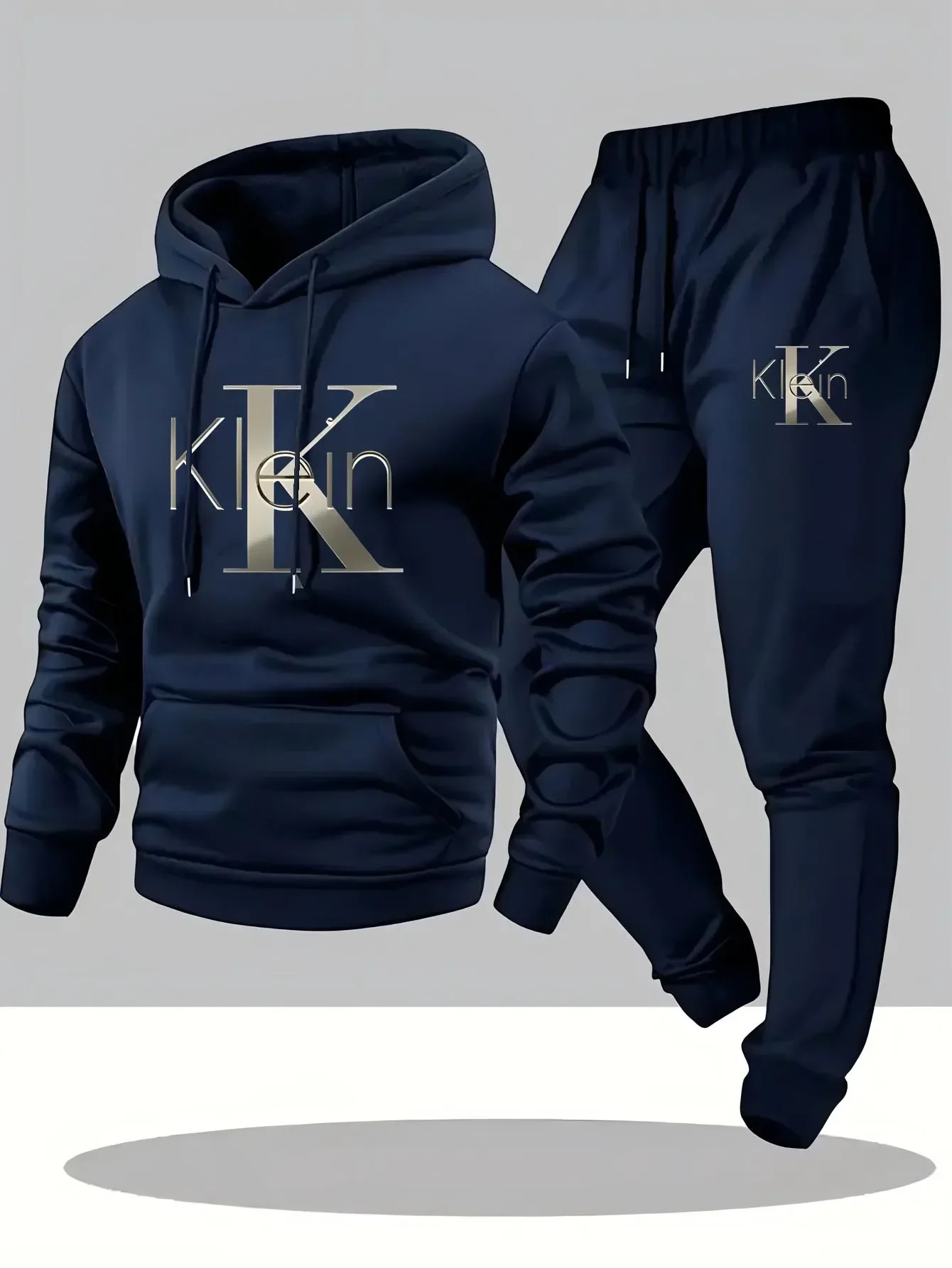 Completo casual da uomo in due pezzi con motivi autunnali e invernali, felpa con cappuccio, pantaloni lunghi con tasche, tuta sportiva da esterno