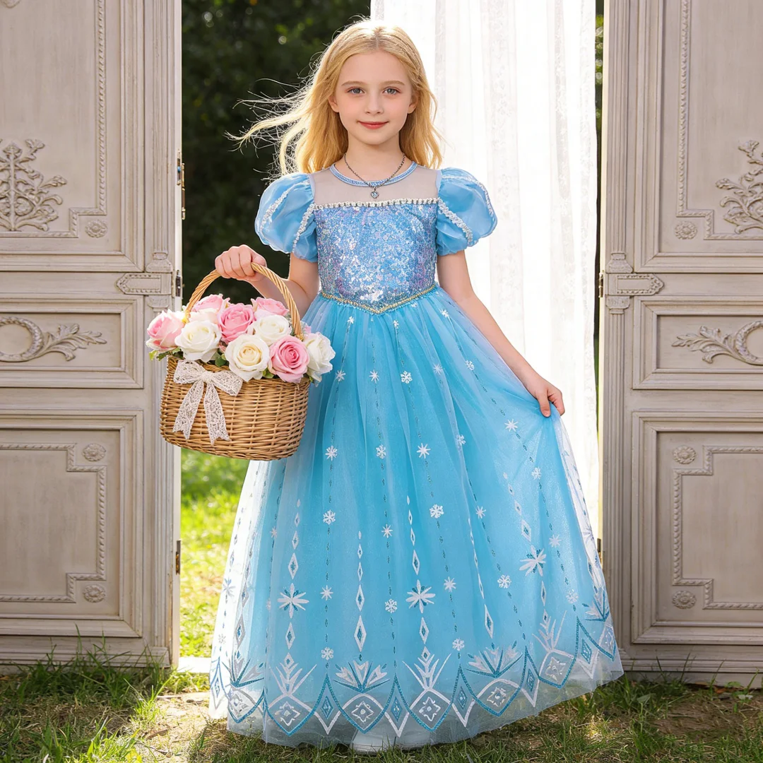 8pcs New Young Girls Frozen Elsa Party Dress Girl 2024 Cosplay Princess Gown Kids Snowflake Ice Fashion Clothes Fluffy Costumes view 4