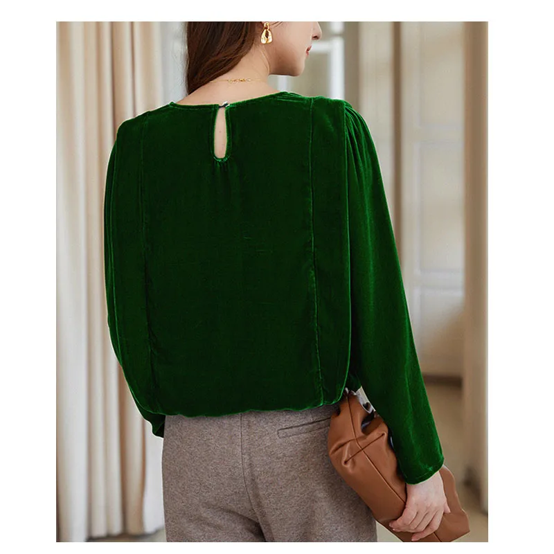 Real Silk Velvet Lady Spring and Autumn Long-sleeved Crew Neck Top Retro Shirt Women's New Elegant and Generous Original Design