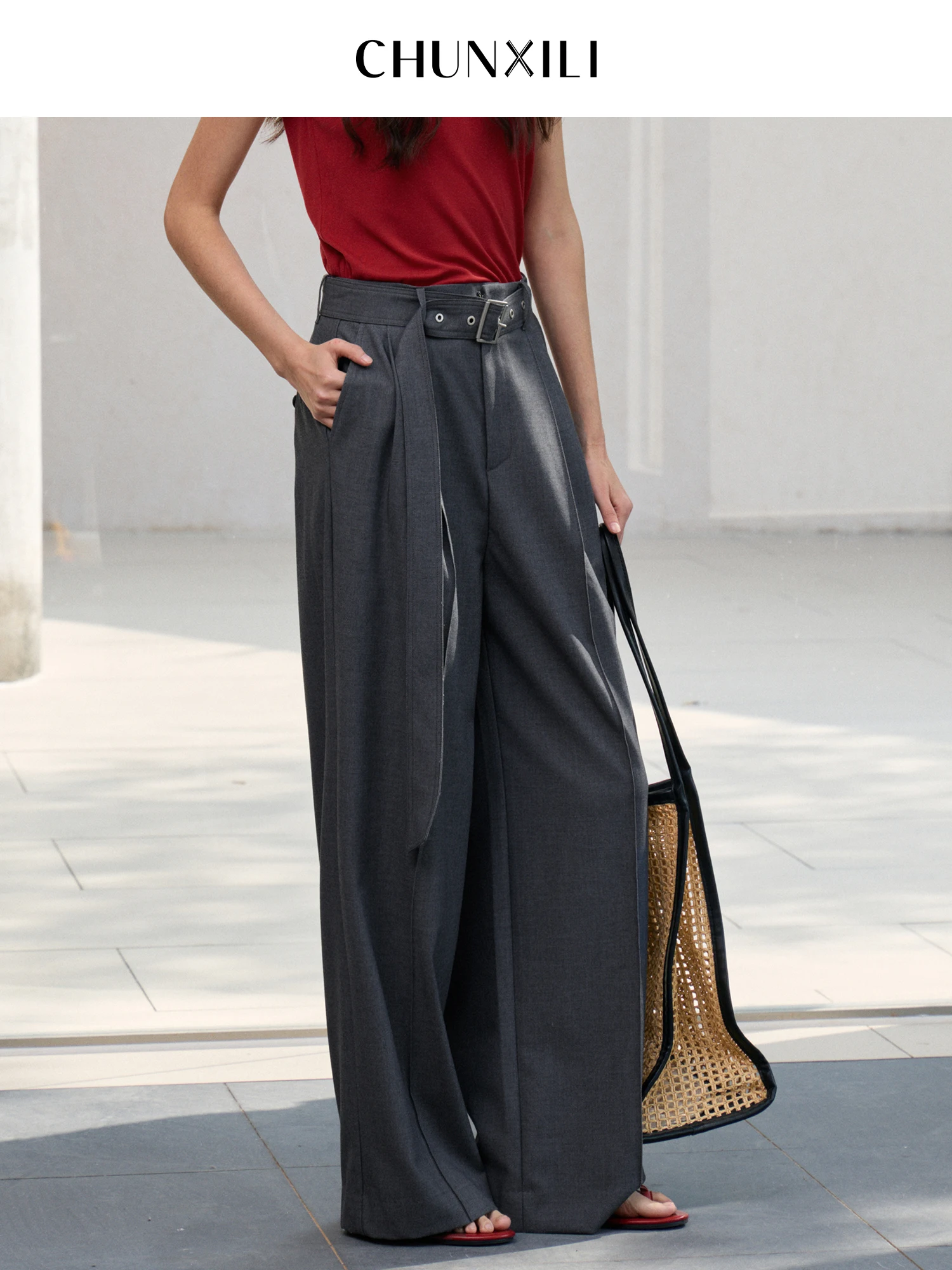 

Весенние брюки с высокой талией, не мнущиеся, в интеллектуальном повседневном стиле, однотонные, утягивающие, с широкими штанинами от Chunxili, элегантные повседневные брюки