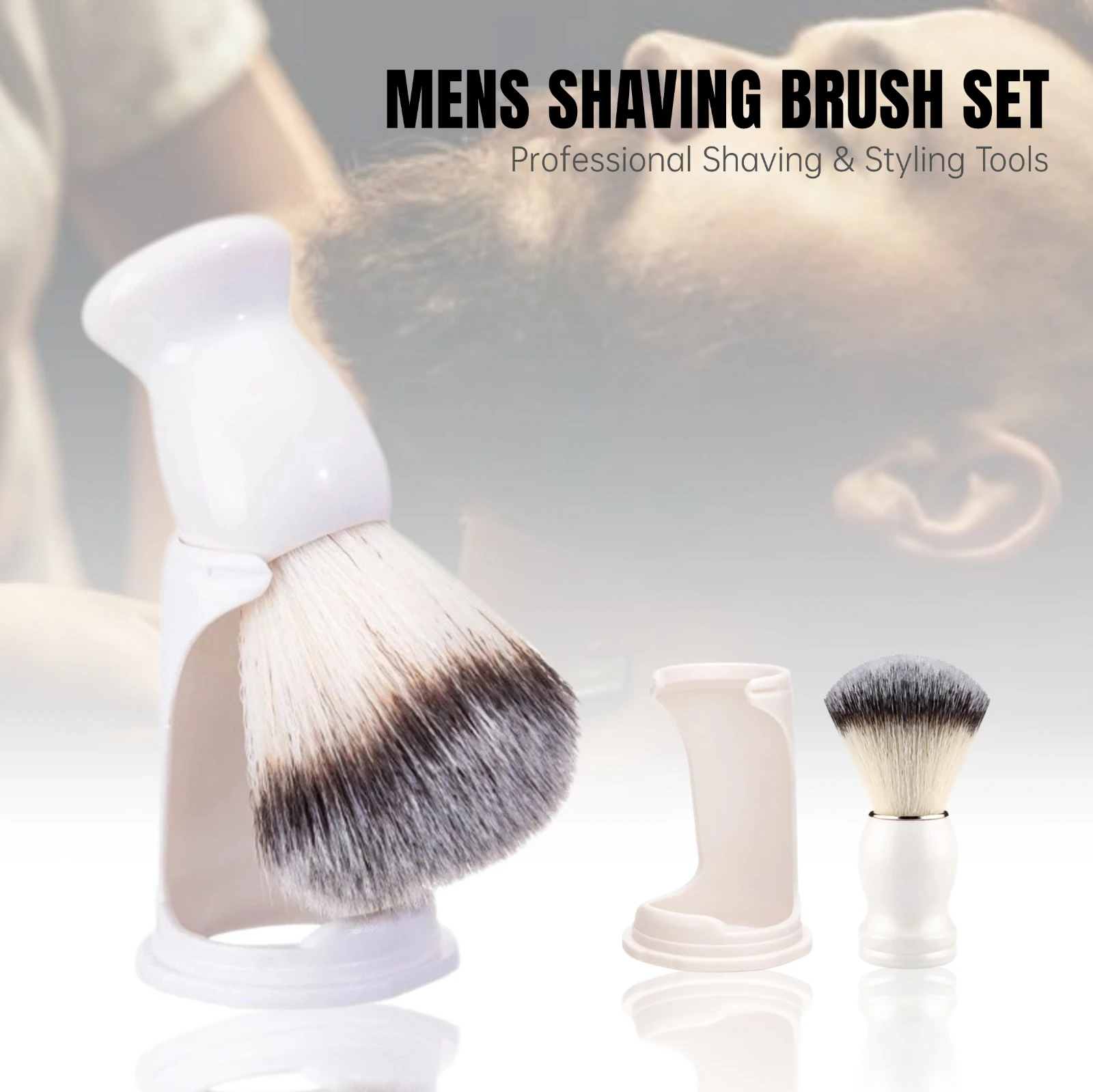 2Pcs White Manual Wet Shaving Brush Set Soft Nylon Bristle Foam Cream Brush With Curved Shape Stand Portable Beard Grooming Tool