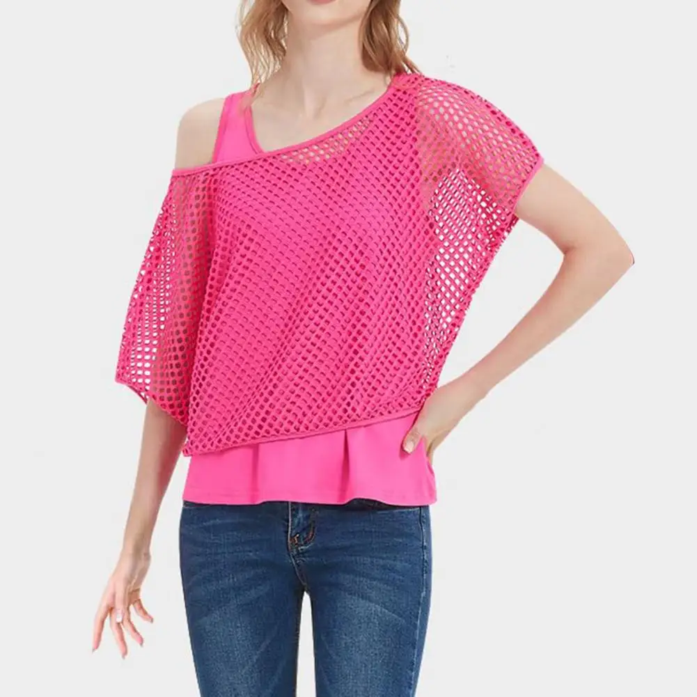 Conjunto de camiseta y chaleco de malla para mujer, Top de malla brillante de neón, Top de malla de Color brillante, conjunto de chaleco de manga corta con cuello redondo para mujer Sexy