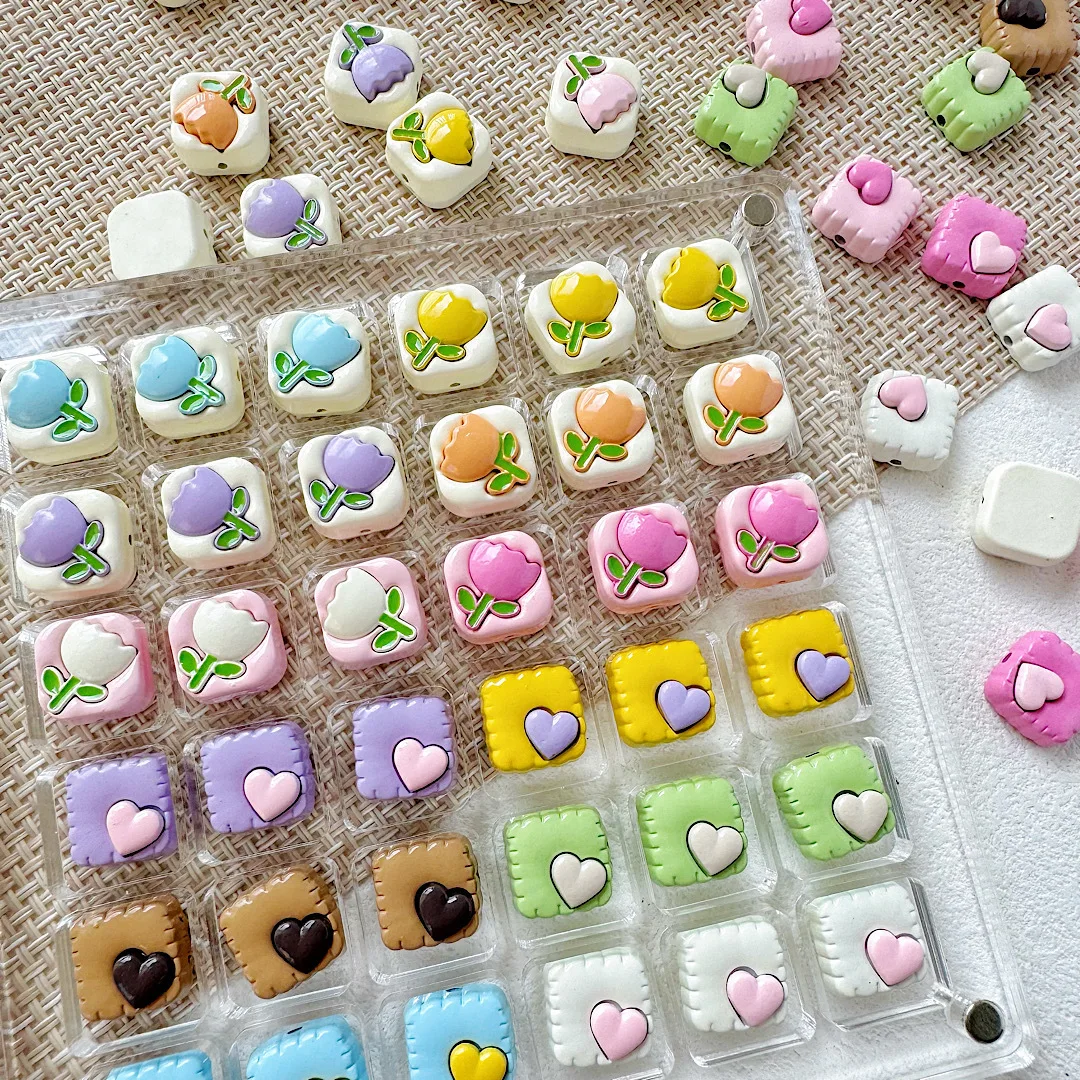 New 10PCS Alloy Macaron Color Cute Square Tulip Beads Loose Spacer Beads For Jewelry Making DIY Bracelet Necklace Accessories