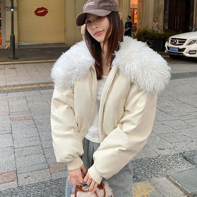 2026 New Women's PU Skin Lamb Jacket Winter Cotton-padded Short Lamb Wool Collar Overcomes Loose Warm Thick Coats Street Cozy