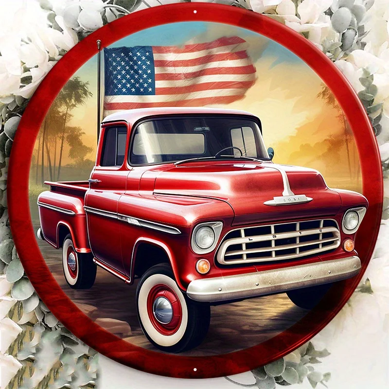 

Vintage Red Truck Pattern Aluminum Metal Sign, Distressed Finish, Round Shape, Home Decor, Retro Style, Wall Art, Home Decor