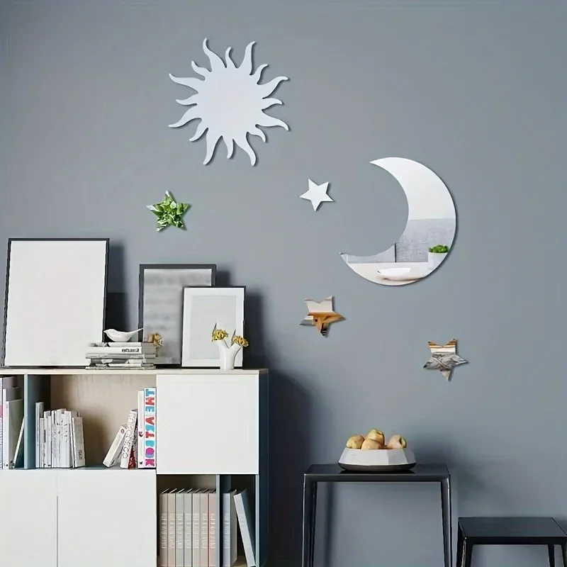 6pcs Star Moon Sun Shaped Mirror Wall Sticker, Removable DIY Art Acrylic Wall Decal, Creative Self-adhesive Mirror Sticker For