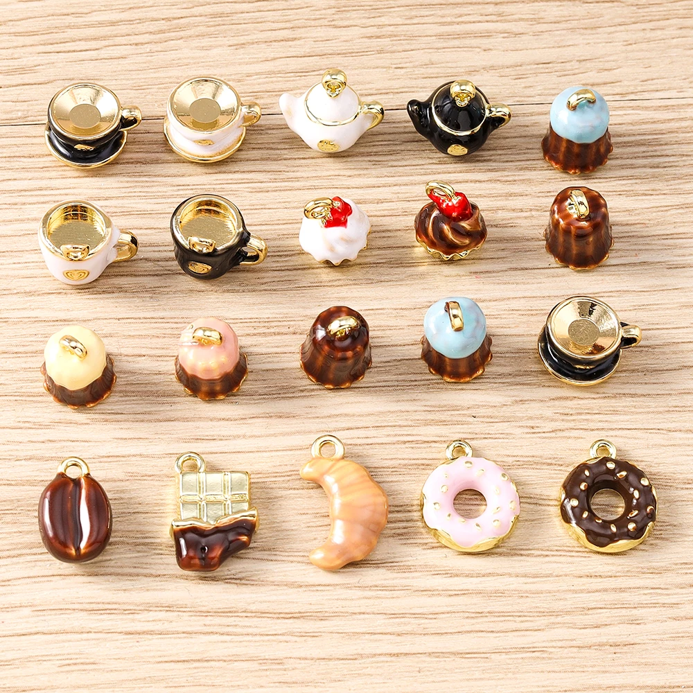 Tusember 5 Stück Niedliche Teekanne Kaffeebohnen Donuts Charms Kaffeetasse Kuchen Anhänger Perlen Passend für Original-Armbänder Damenschmuck Geschenk – Detail 2