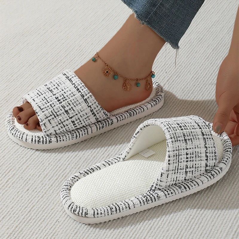เปิดนิ้วเท้าผ้าลินินรองเท้าแตะสําหรับสตรีสบายรองเท้าแตะในร่มลื่นผู้หญิงลายห้องนั่งเล่น Unisex ชั้นสไลด์
