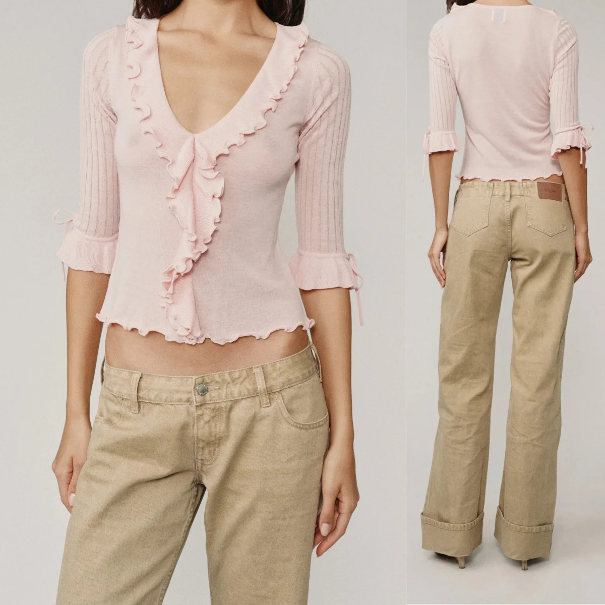 Wj Light Pink Ruffled Three-Quarter Sleeve Knit Top V-Neck Ruched Lace Top Waist-Cinching Slimming Knit T-Shirt