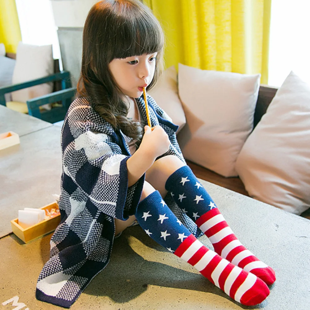 

1Set Kids Mid-Calf Socks Cotton Soft Elastic Durable Fine Stitching Independence Day Style Non-Slip Mid-Calf Socks