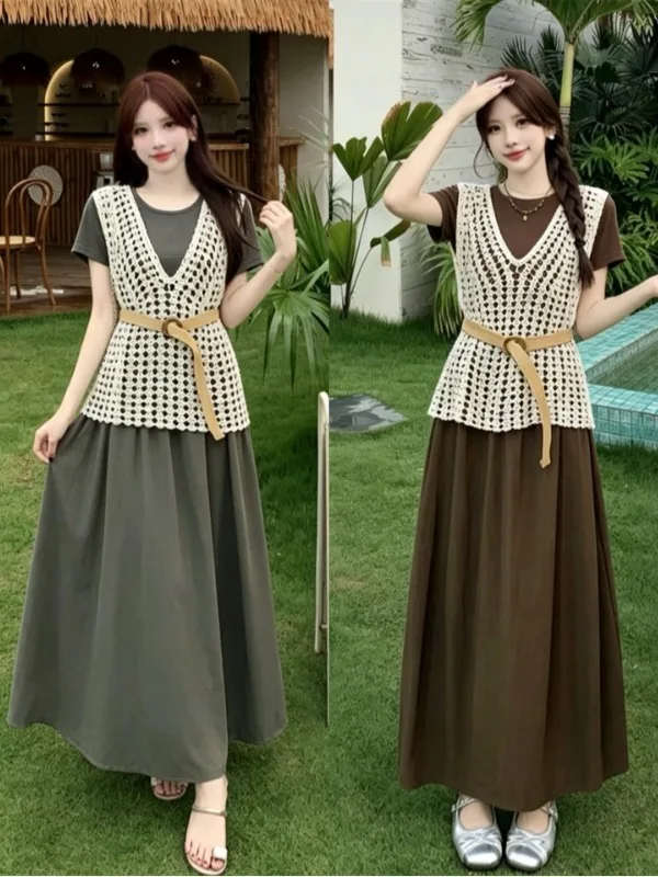 

Summer plus Size Women's Knitted Hollow out Vest Dress Slimming Short Sleeve Loose Fit City Commute Style Two Piece Set