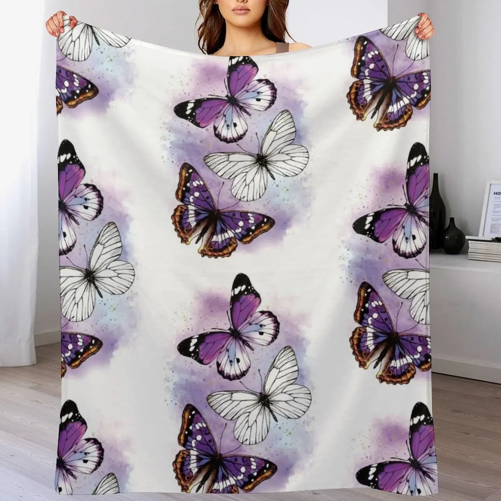 Tre farfalle colorate su sfondo viola Coperta da tiro per coperte anime Hairys per bambini