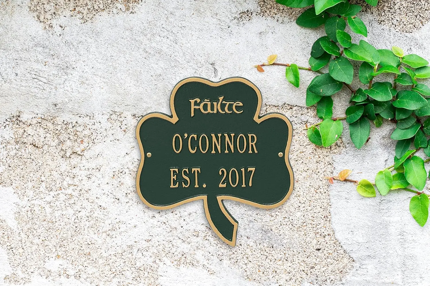 Custom Irish Shamrock Plaque Featuring Family Name And Established Date Failte Welcome Solid Metal