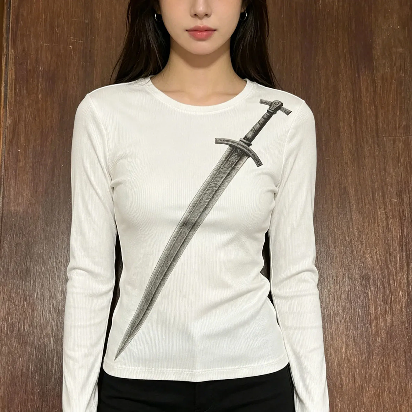 New Autumn and Winter Personalized Sword Print Round Neck Hoodie Street Trend Retro Long Sleeved Jacket